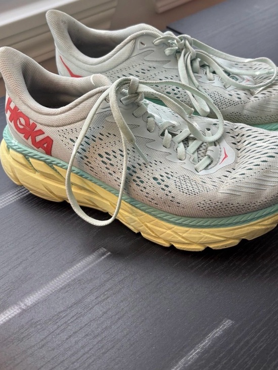 Hoka Shoes - Hoka Women's Mint Green and Yellow Running Shoes with Coral Accent size 7